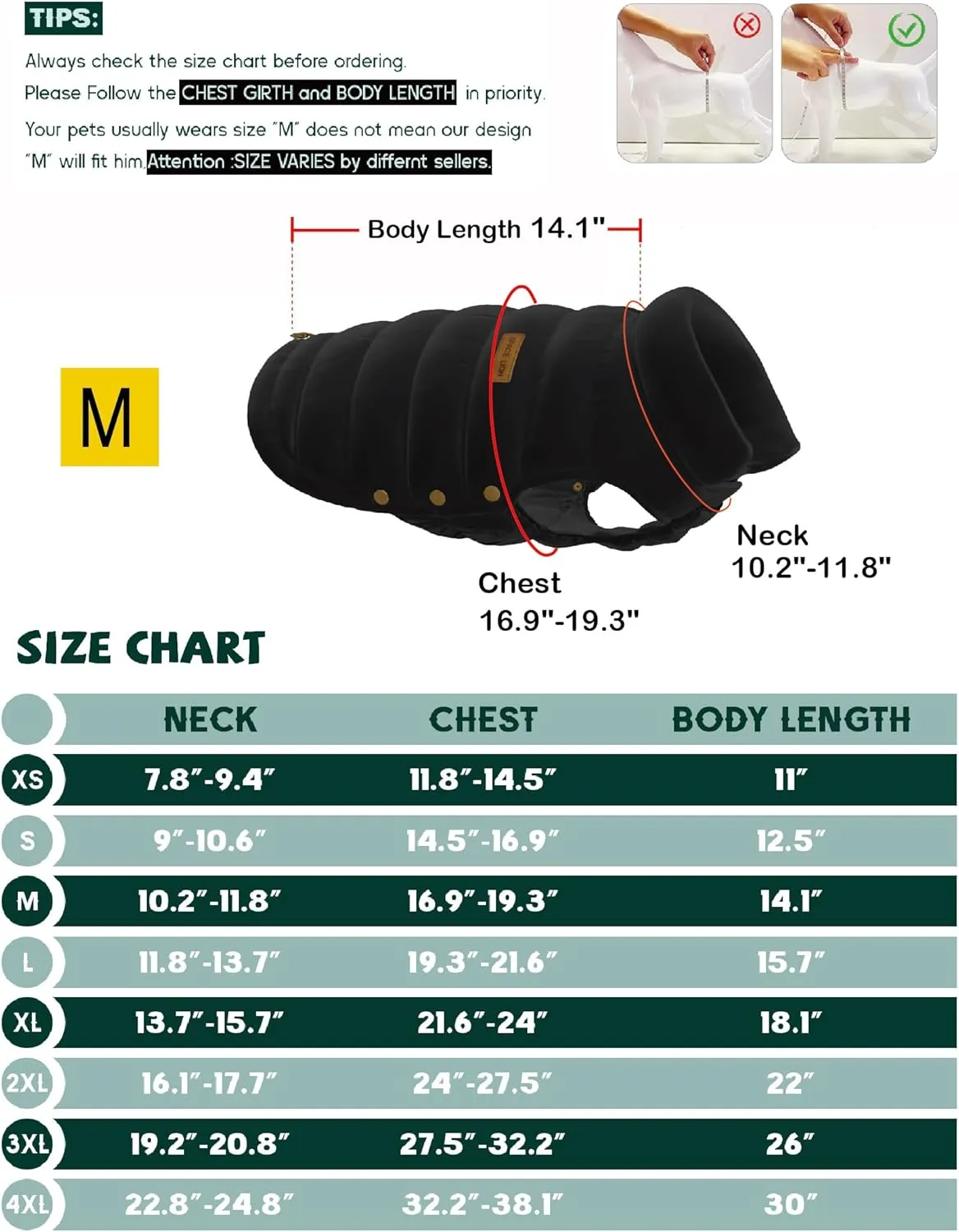 SPACE LION Puffer Jacket, Down Winter Coat, Waterproof, Windproof, Lightweight Jacket, Adjustable Fit Dog Coat for Small, Medium Dogs(Black,M)