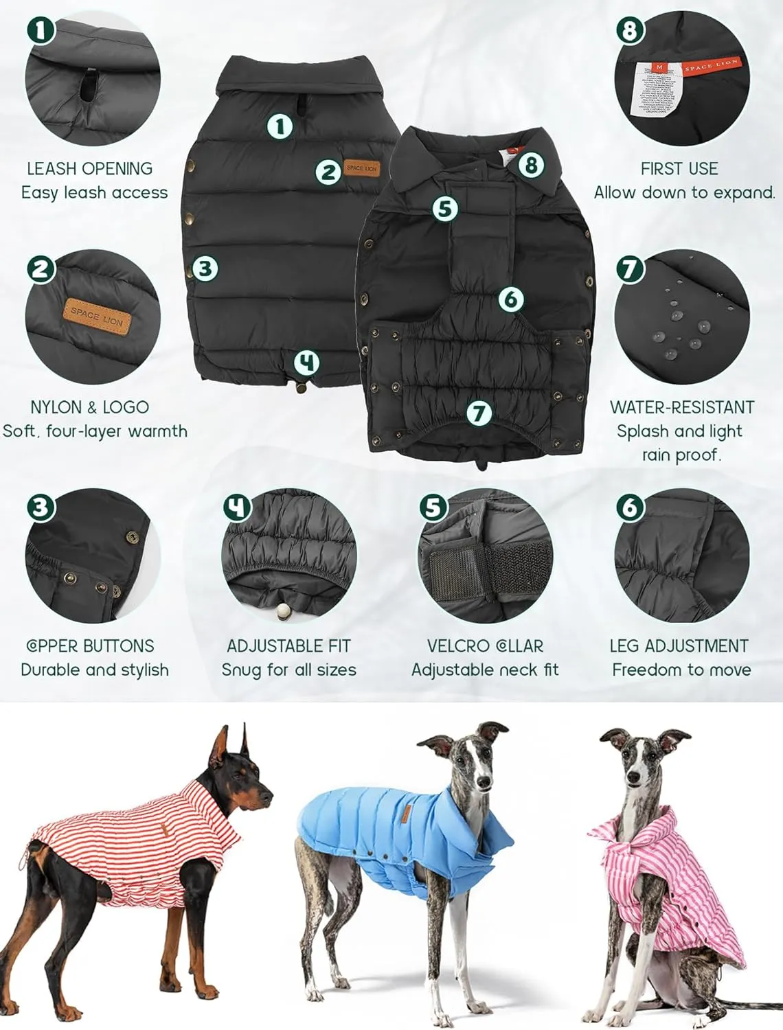 SPACE LION Puffer Jacket, Down Winter Coat, Waterproof, Windproof, Lightweight Jacket, Adjustable Fit Dog Coat for Small, Medium Dogs(Black,M)