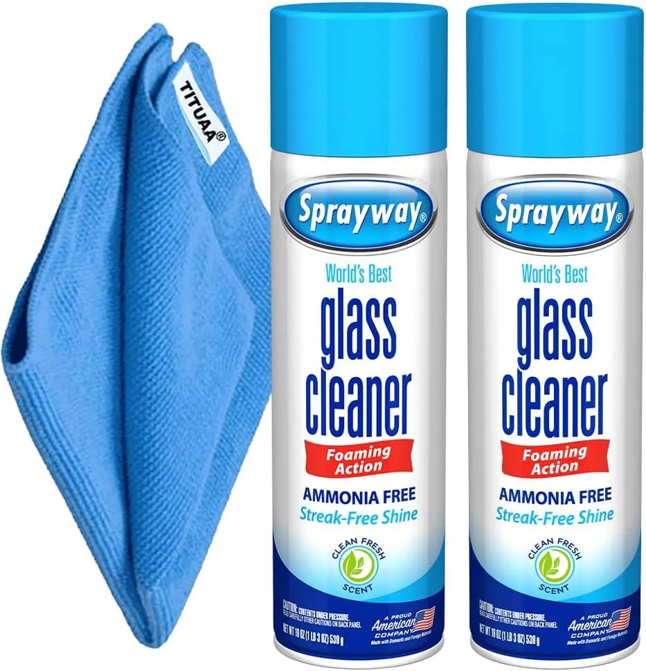 Sprayway, Glass Cleaner, window cleaner, Pack of 2 spray foam with 1-Pack Bonus Tituaa Mk 16x16 Microfiber Cleaning Cloth Towel Rags (19 Oz Can)