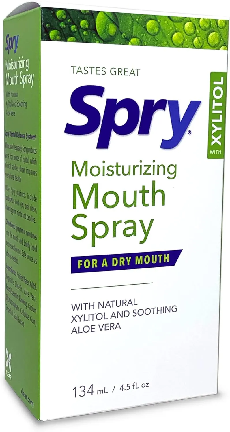 Spry Natural Xylitol Moisturizing Dry Mouth Spray, Stop Bad Breath, Increase Saliva Production, Non-GMO, Gluten-Free On The Go Oral Care with Spearmint Flavor, 4.5 fl.oz (Pack of 1)
