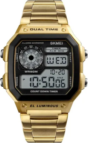 Square Watch for Men Waterproof Stainless Steel Band Multifunction Digital Watch (Gold)