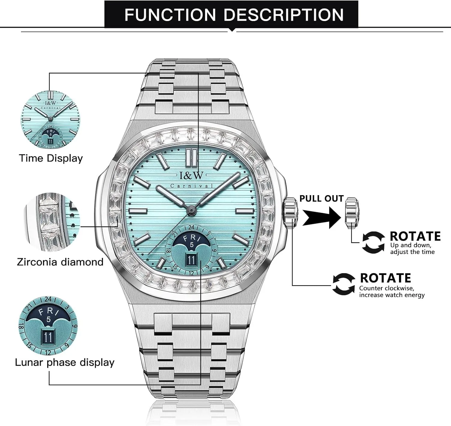 Stainless Steel Mechanical Watch, 41mm Case, Mineral Glass, Day/Date Display, 50m Water Resistant