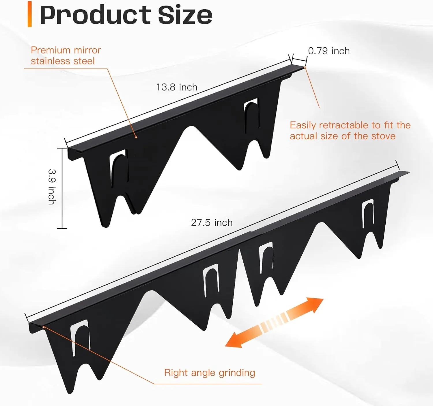 Stainless Steel Stove Gap Covers,Stove Gap Filler, Range Trim Kit, Stove Gap Guards, Heat Resistant and Easy to Clean, Easy retractable Length 13.8" to 27.5", Width 0.79",Black(2PCS)