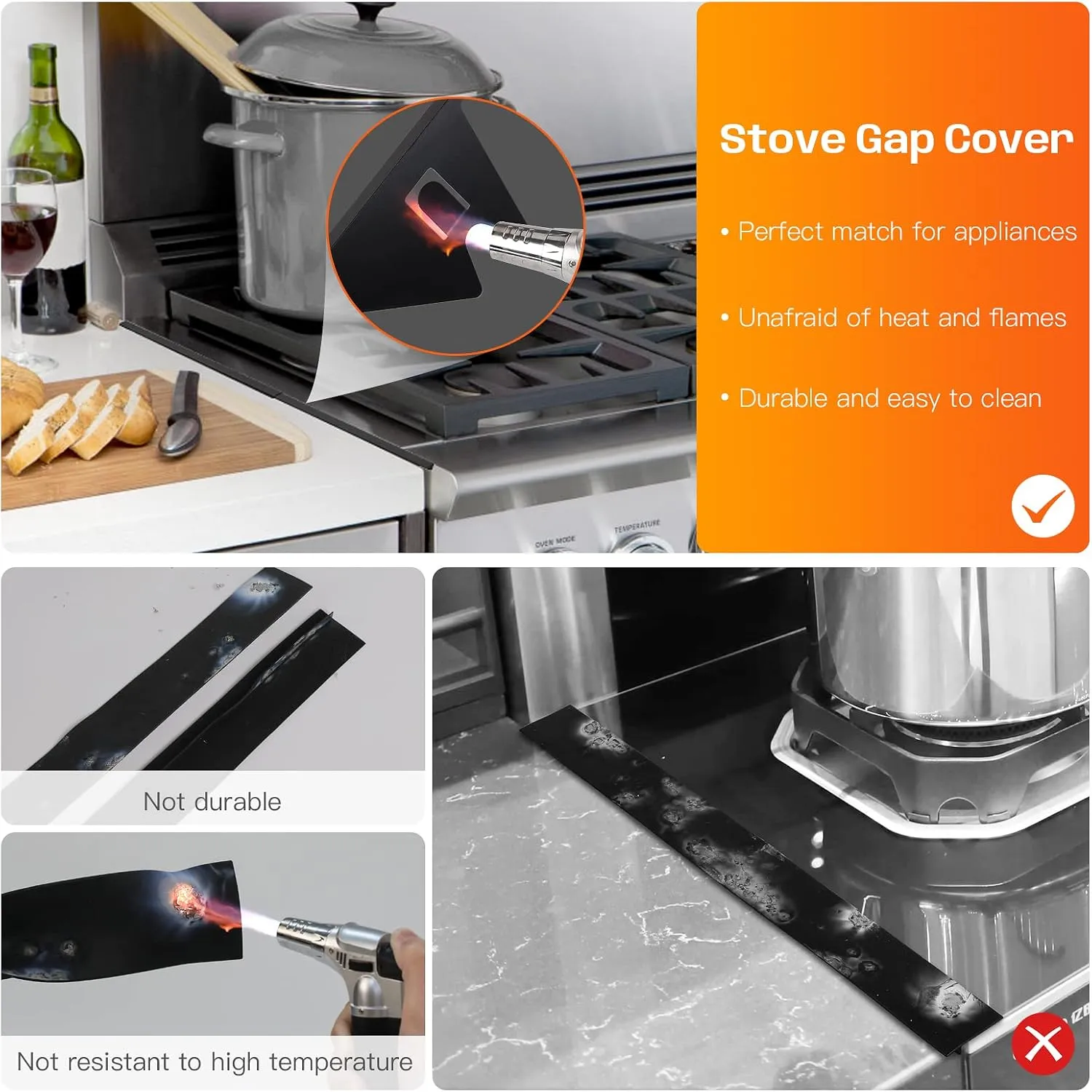 Stainless Steel Stove Gap Covers,Stove Gap Filler, Range Trim Kit, Stove Gap Guards, Heat Resistant and Easy to Clean, Easy retractable Length 13.8" to 27.5", Width 0.79",Black(2PCS)