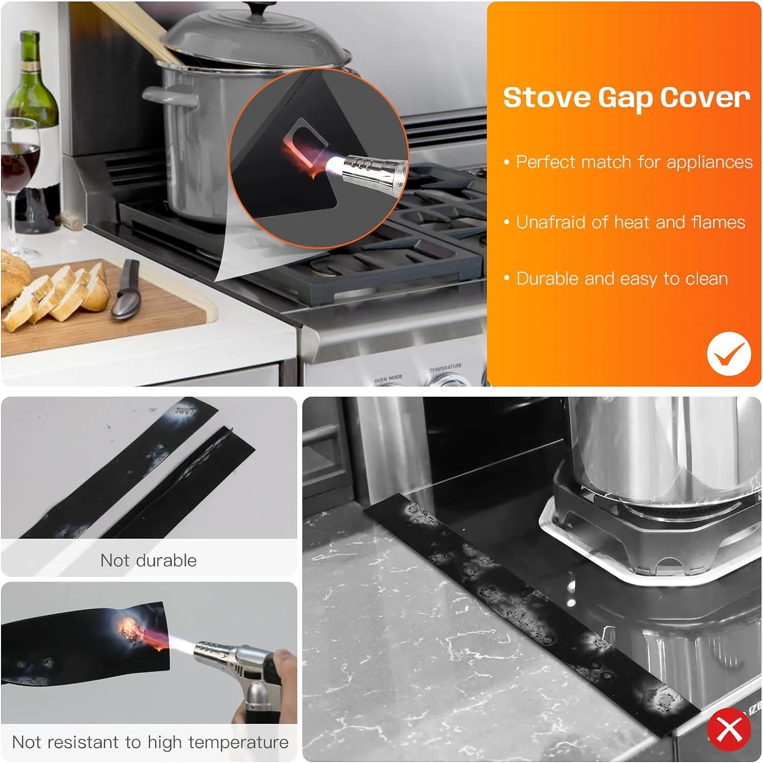 Stainless Steel Stove Gap Covers,Stove Gap Filler, Range Trim Kit, Stove Gap Guards, Heat Resistant and Easy to Clean, Easy retractable Length 13.8" to 27.5", Width 0.79",Black(2PCS)
