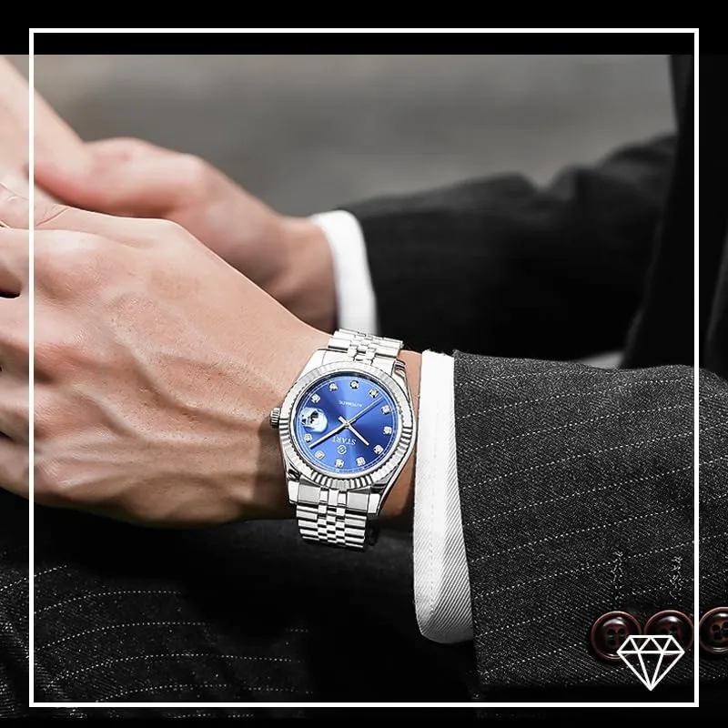 【Start】 Men's Waterproof Watch Zircon Dial Automatic Mechanical Watch Calendar Function Metal Watch