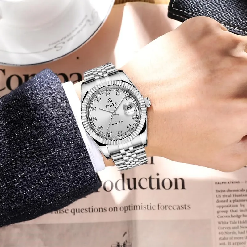 【Start】 Men's Waterproof Watch Zircon Dial Automatic Mechanical Watch Calendar Function Metal Watch