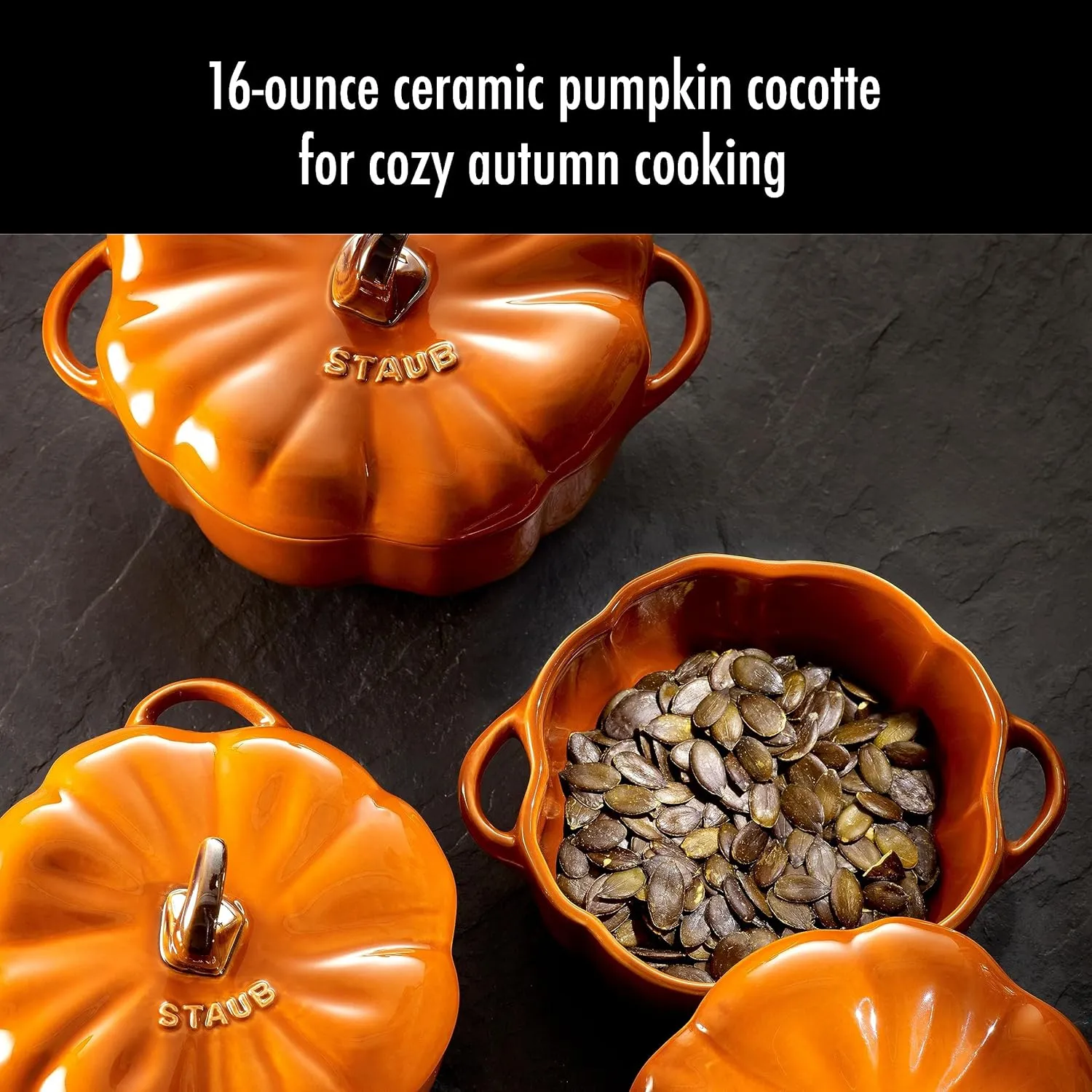 STAUB 0.5-qt Petite Ceramic, Oven & Stove Safe up to 572°F, Pumpkin Dish, Baking , Candy Dish, Burnt Orange
