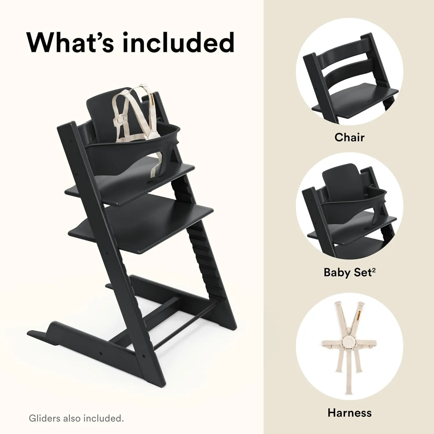 Stokke Tripp Trapp High Chair 2, Black - Includes Chair   Baby Set with Removable Harness for Children 6-36 Months - Adjustable, Ergonomic & Easy to Clean
