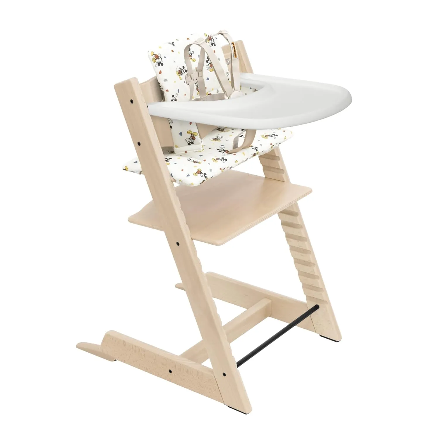 Stokke Tripp Trapp High Chair 2 (Natural), Cushion 2 (Mickey Celebration)   Stokke Tray (White) - Includes Chair   Baby Set with Removable Harness for Children 6-36 Months