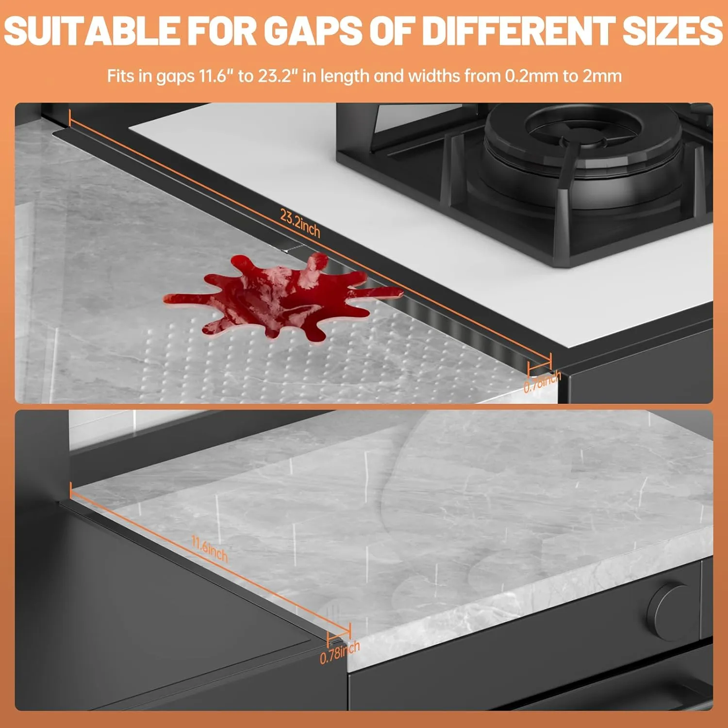 Stove Gap Covers 316 Stainless Steel Stove Gap Filler Oven Side Gap Filler Between Stove and Counter Slide in Range Trim Kit for 16.6“ and 23.2” Kitchen Crack(4 Pack Shiny Black)