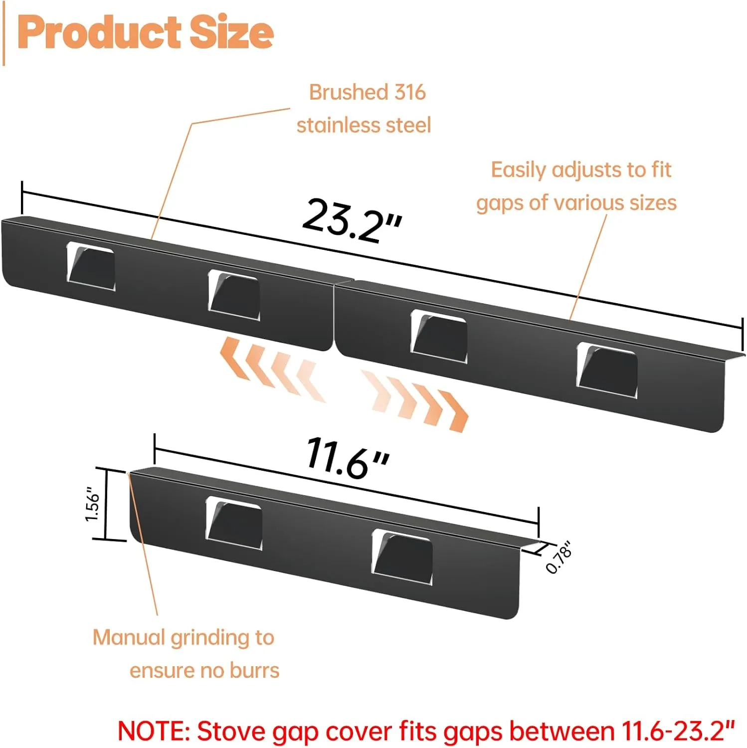 Stove Gap Covers 316 Stainless Steel Stove Gap Filler Oven Side Gap Filler Between Stove and Counter Slide in Range Trim Kit for 16.6“ and 23.2” Kitchen Crack(4 Pack Shiny Black)