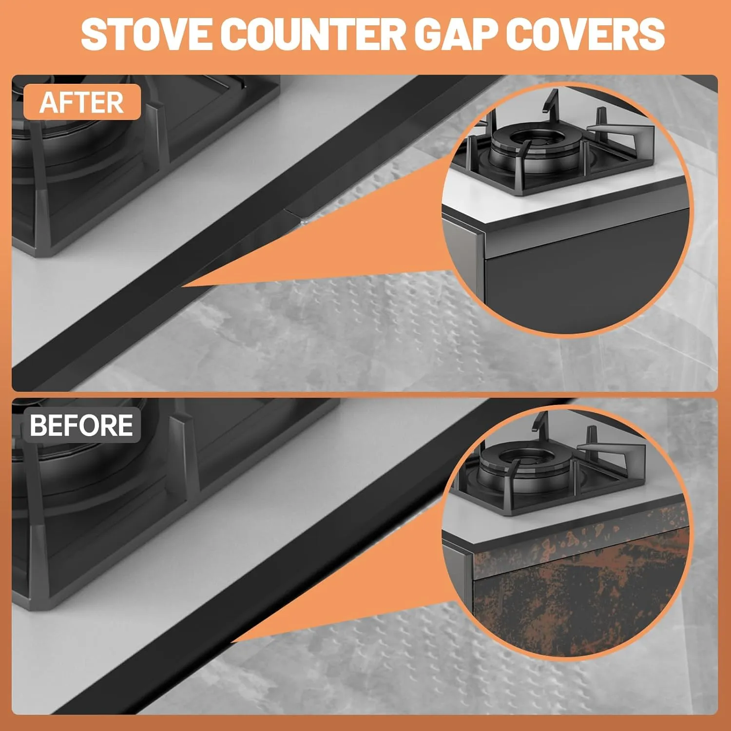 Stove Gap Covers 316 Stainless Steel Stove Gap Filler Oven Side Gap Filler Between Stove and Counter Slide in Range Trim Kit for 16.6“ and 23.2” Kitchen Crack(4 Pack Shiny Black)