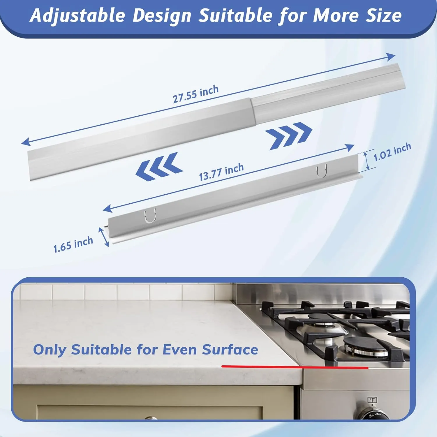 Stove Gap Covers Stainless Steel 2 Packs, 13.8~27.6 Inch Adjustable Heat Resistant Not Sharp Gap Filler, Easy to Clear Stove Counter Gap Cover Suitable for Even Surface (Silver)