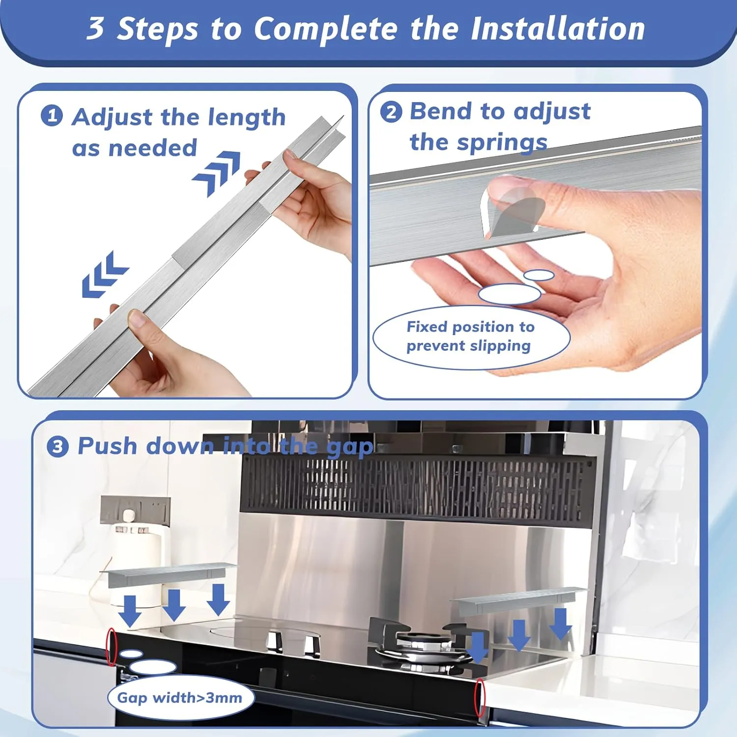 Stove Gap Covers Stainless Steel 2 Packs, 13.8~27.6 Inch Adjustable Heat Resistant Not Sharp Gap Filler, Easy to Clear Stove Counter Gap Cover Suitable for Even Surface (Silver)
