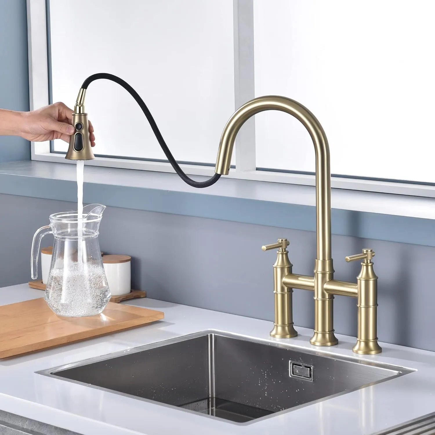 SUMERAIN 8-Inch Centerset Kitchen Bridge Faucet with Pull Down Sprayer 3 Hole Kitchen Faucet Stainless Steel, Brushed Gold