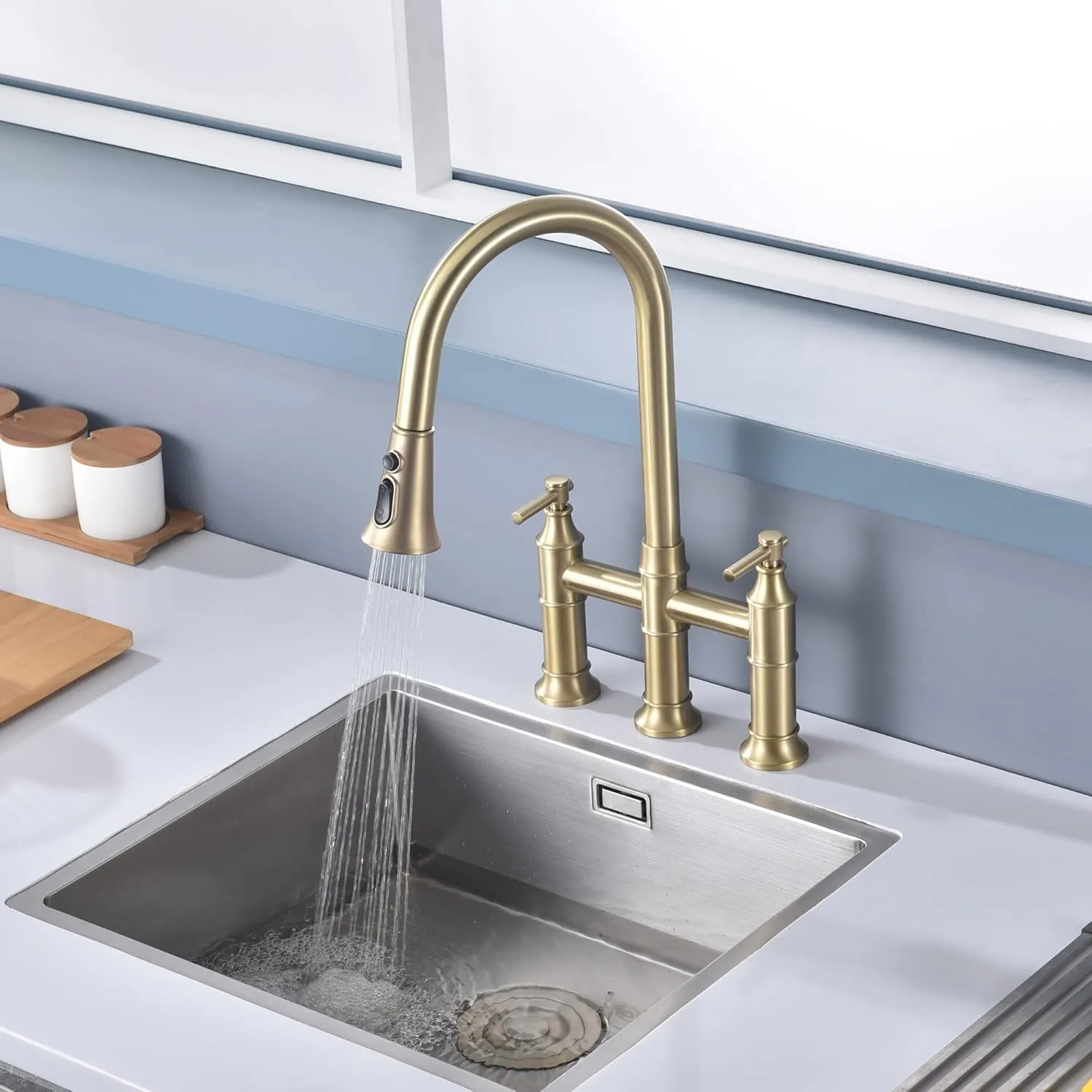 SUMERAIN 8-Inch Centerset Kitchen Bridge Faucet with Pull Down Sprayer 3 Hole Kitchen Faucet Stainless Steel, Brushed Gold