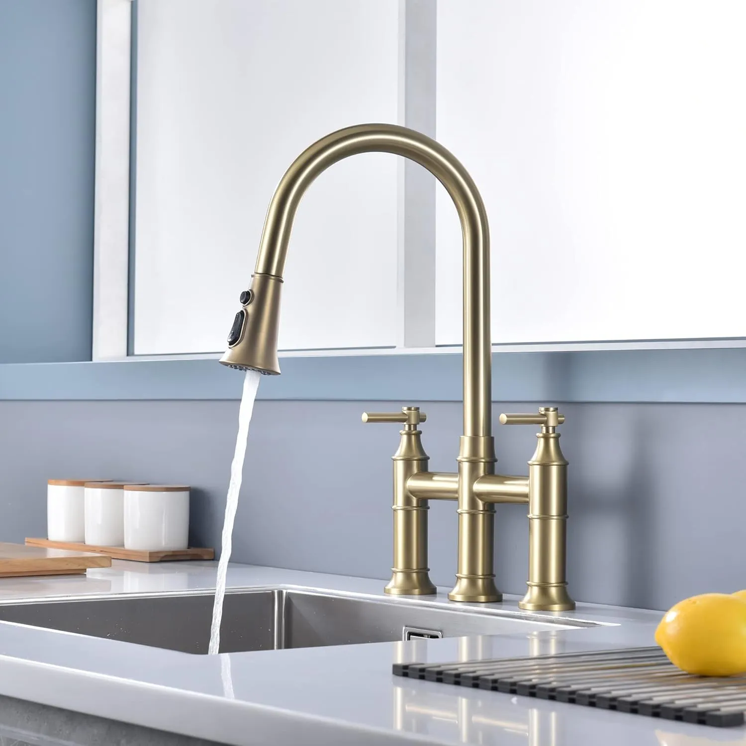 SUMERAIN 8-Inch Centerset Kitchen Bridge Faucet with Pull Down Sprayer 3 Hole Kitchen Faucet Stainless Steel, Brushed Gold