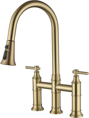 SUMERAIN 8-Inch Centerset Kitchen Bridge Faucet with Pull Down Sprayer 3 Hole Kitchen Faucet Stainless Steel, Brushed Gold