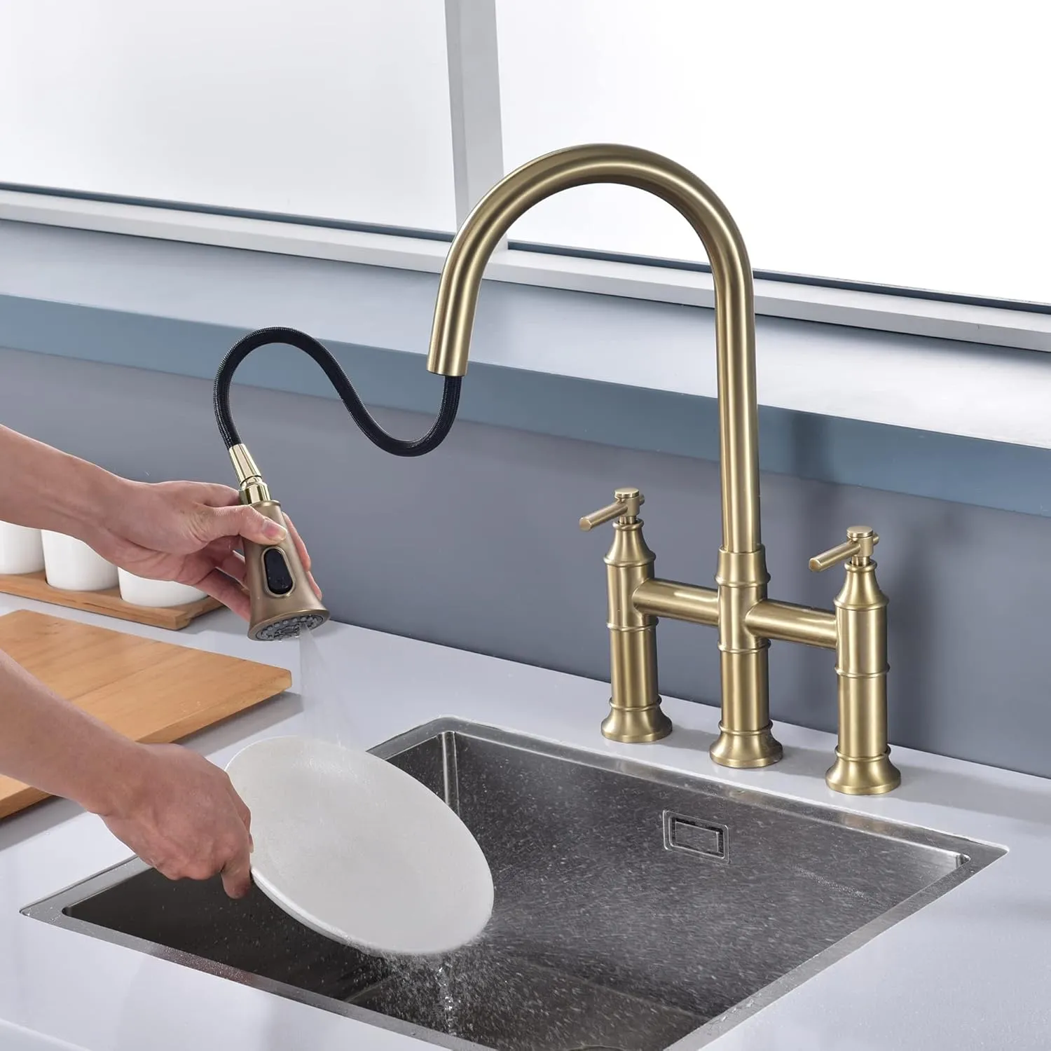 SUMERAIN 8-Inch Centerset Kitchen Bridge Faucet with Pull Down Sprayer 3 Hole Kitchen Faucet Stainless Steel, Brushed Gold