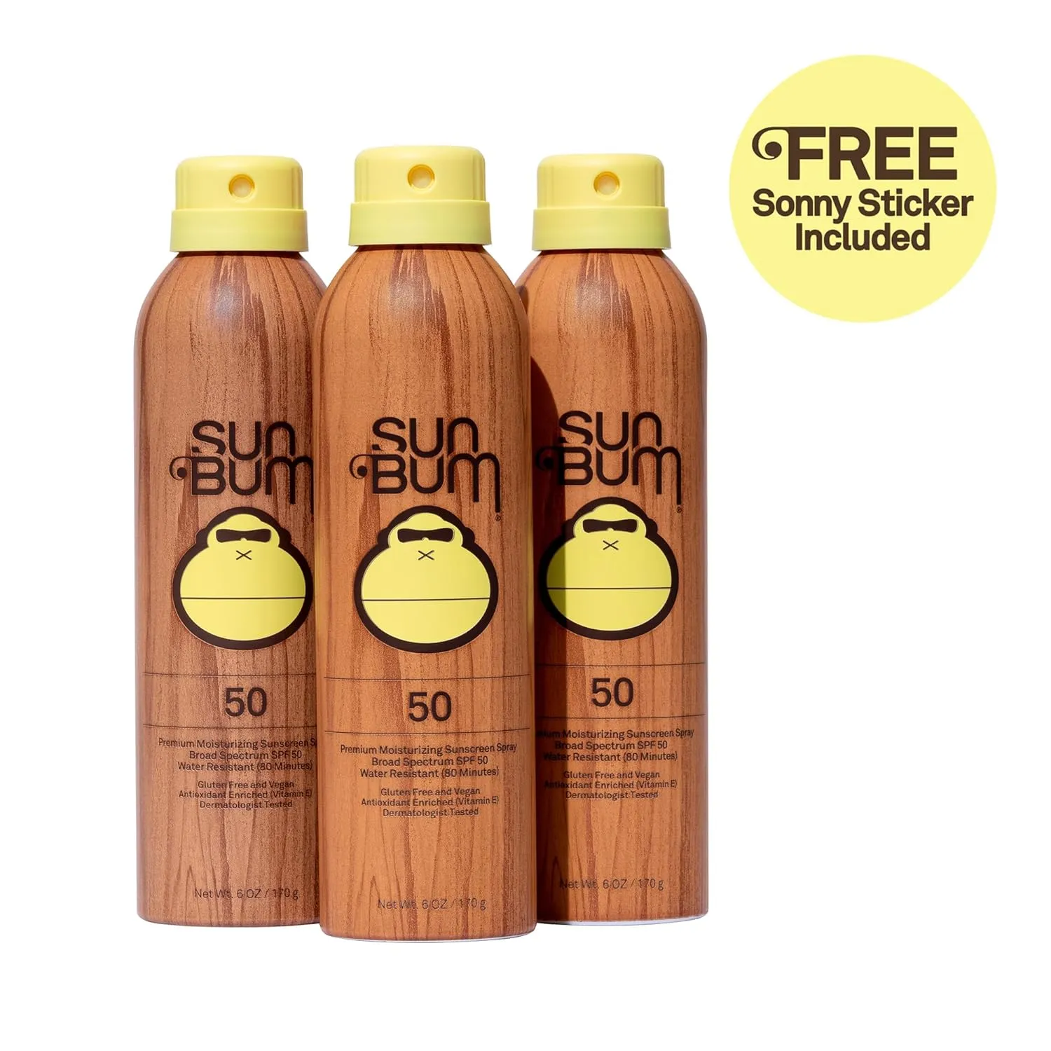 Sun Bum Original Moisturizing Sunscreen Spray SPF 50 with Sunny Sticker, Vegan and Reef Friendly, Octinoxate & Oxybenzone Free, Broad Spectrum UVA/UVB Sunscreen, 3 Pack, 6 oz