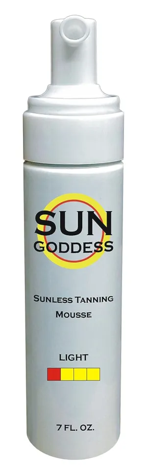 SUN GODDESS - Sunless Self Tanning Foam Mousse - LIGHT - 7 oz   INCLUDES: Applicator Mitt, Application Gloves and Best Fake Tanner Lotion Spray Sample – Gorgeous, Natural Looking Tan Lasts 7 Days