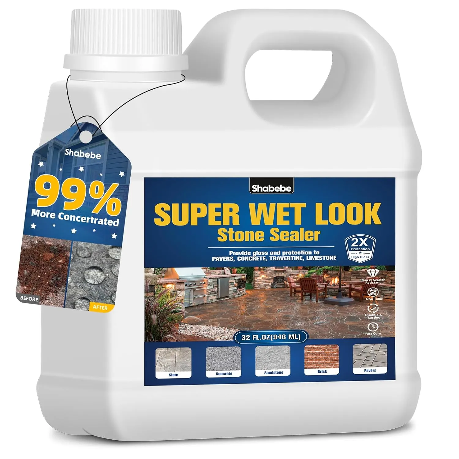 Super Wet Look Stone Sealer 32oz/946ml [2025 Upgarde]–Durable & Long-Lasting Protection, High Gloss Finish for Patios, Driveways, Pavers, Interior & Exterior Color Enhancement & Easy Maintenance