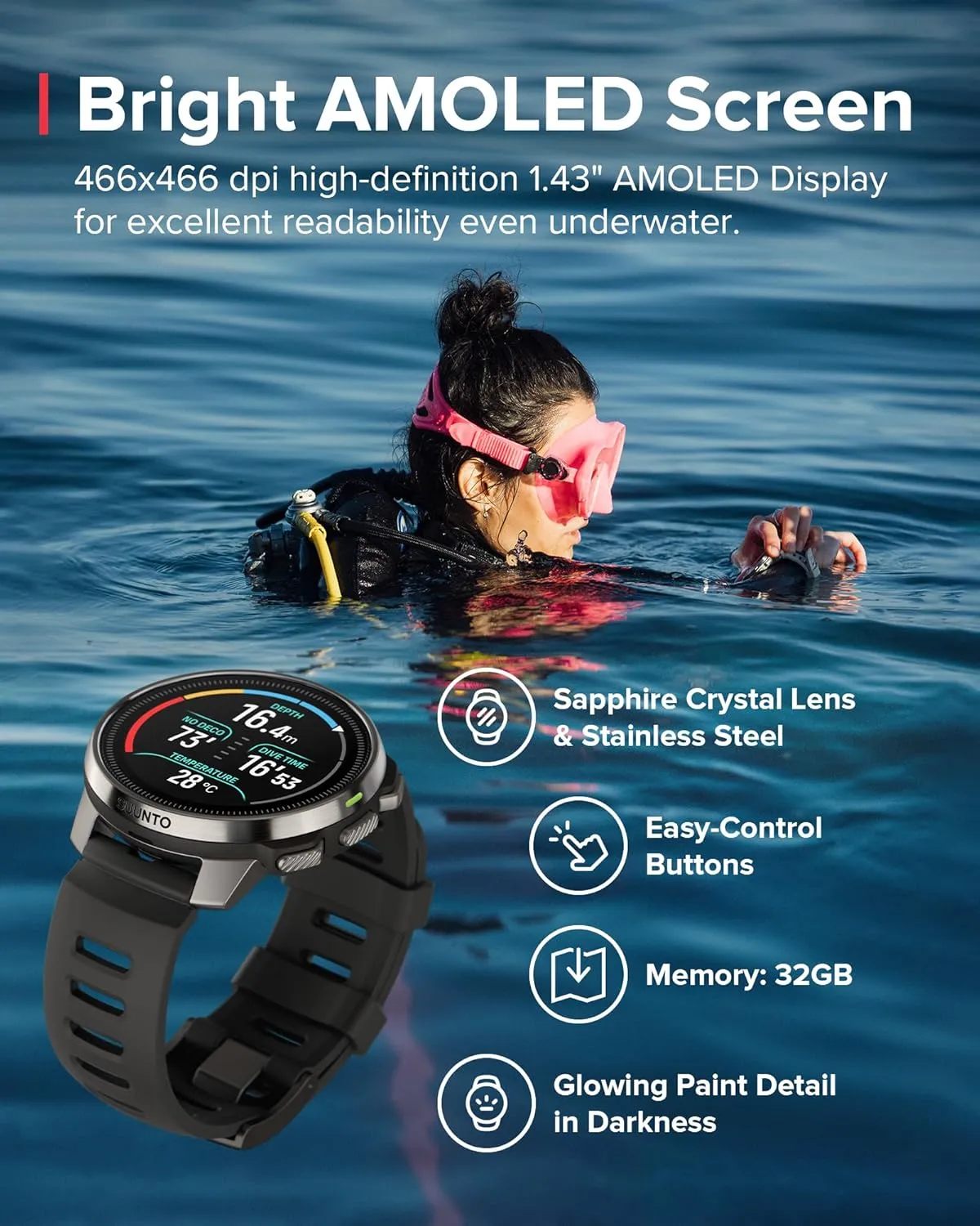 SUUNTO Ocean Dive Computer, GPS Multisport Watch for Training, Underwater Route Tracking & Wireless Tank Pressure Monitor, AMOLED Touchscreen, Dualband GNSS, Offline Map, 26D Battery Life, Steel Black