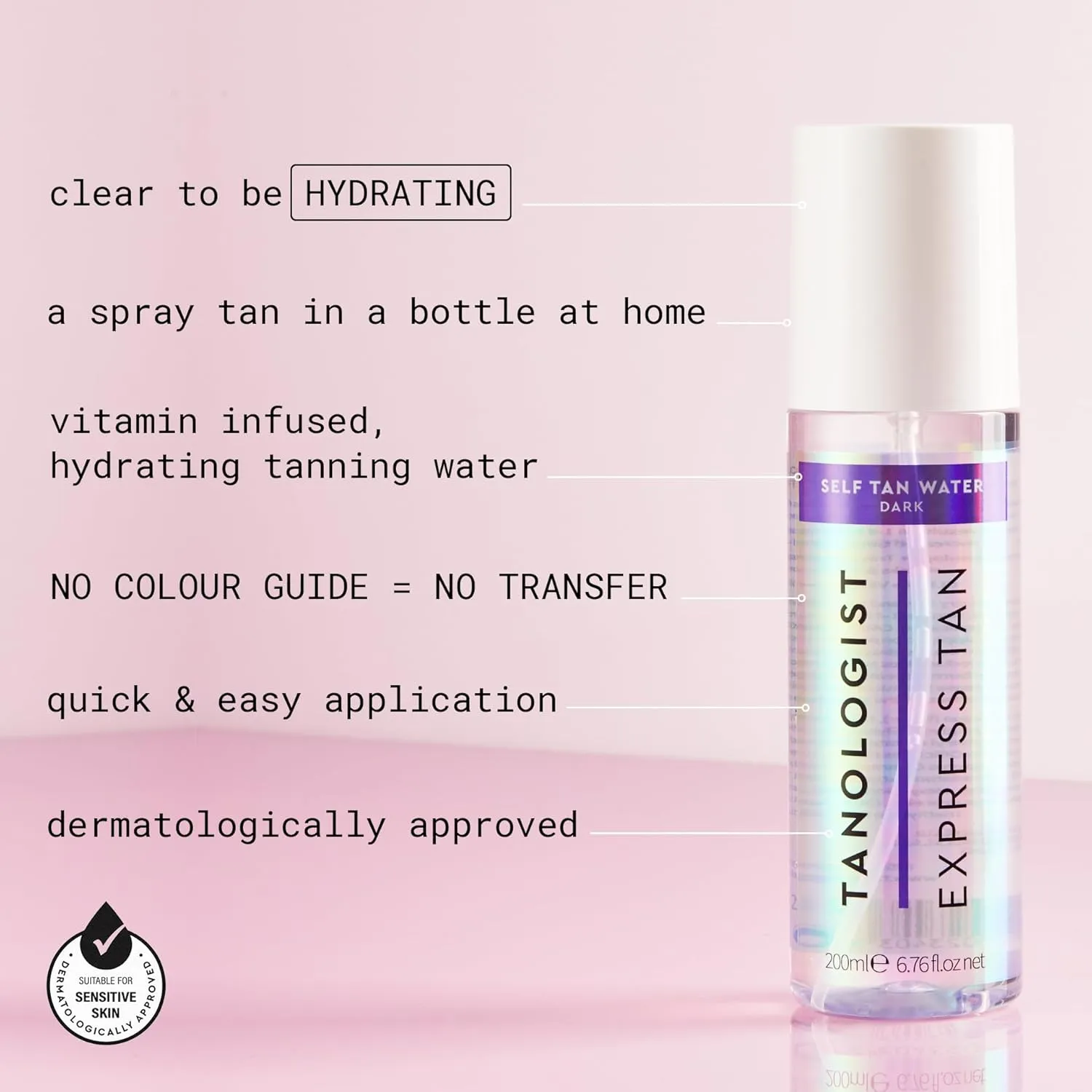 Tanologist Dark Self Tan Water, Clear Self Tanning Water, Streak-Free Tanning Mist, Natural Bronze, No Fake Tan Smell, Long Lasting, Clean Ingredients, 6.76 fl. oz/200 ml Bottle
