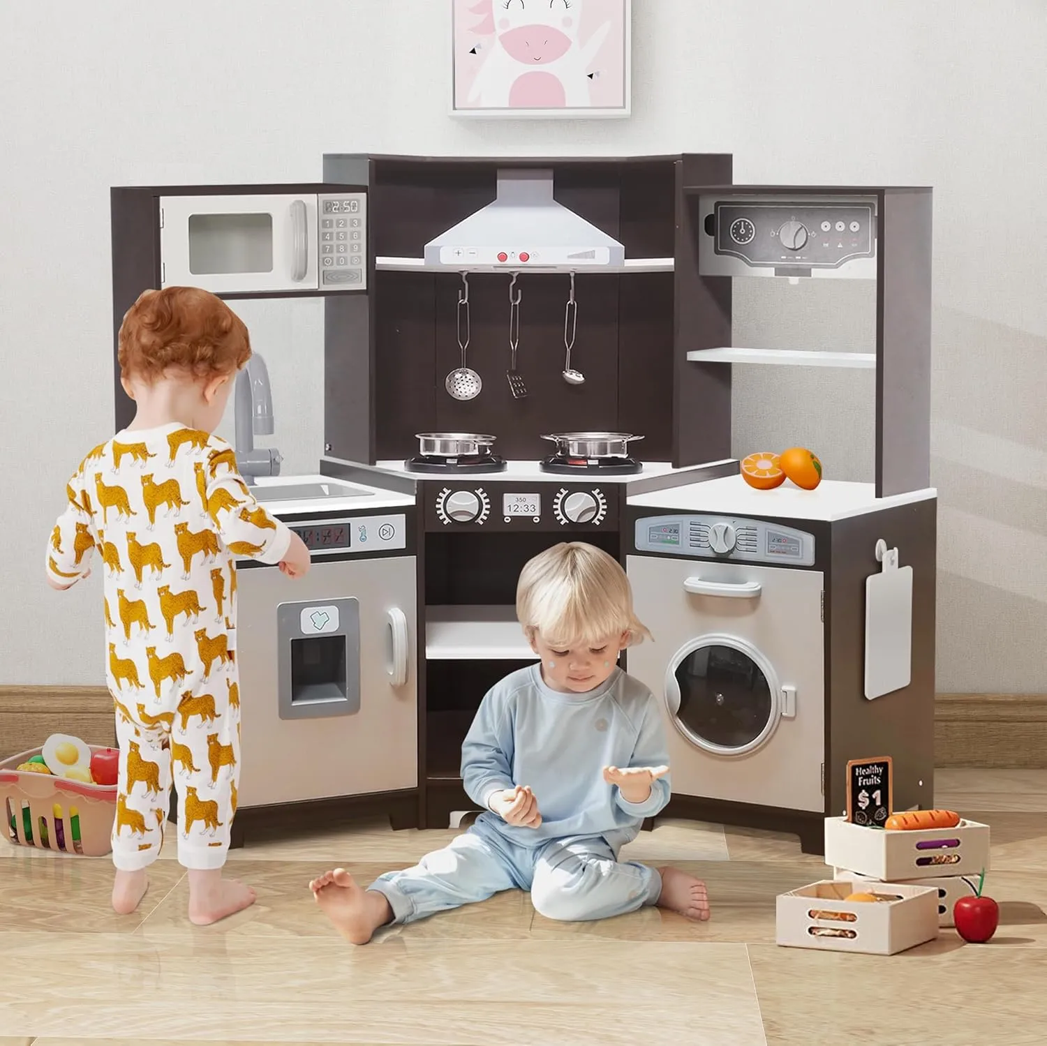 TaoHFE Corner Play Kitchen with Lights & Sounds Brown Kitchen Kids Toddler Kitchen Set with Washer, Chalkboard Wooden Kitchen Kids Playset with Washing Machine Range Hood Boys Gift for Ages 3 