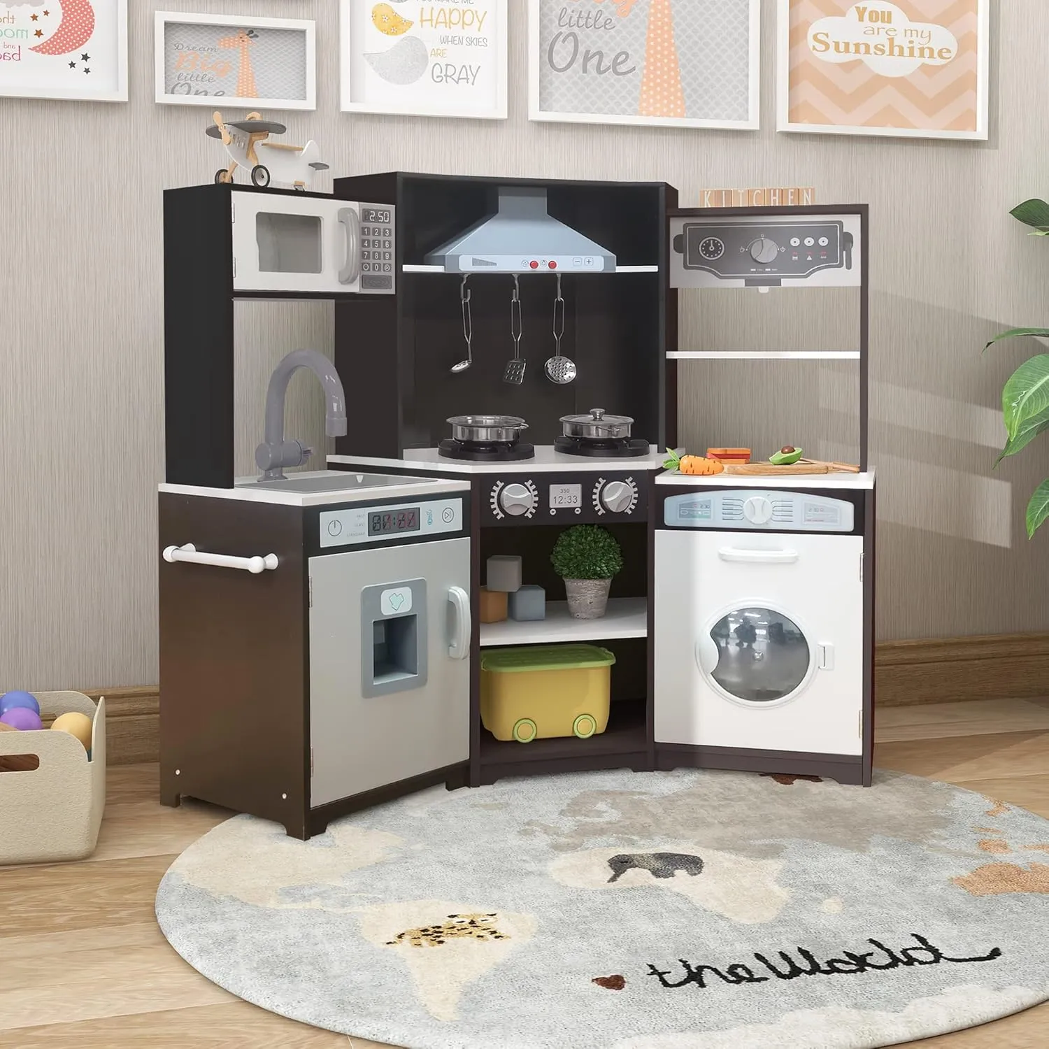 TaoHFE Corner Play Kitchen with Lights & Sounds Brown Kitchen Kids Toddler Kitchen Set with Washer, Chalkboard Wooden Kitchen Kids Playset with Washing Machine Range Hood Boys Gift for Ages 3 