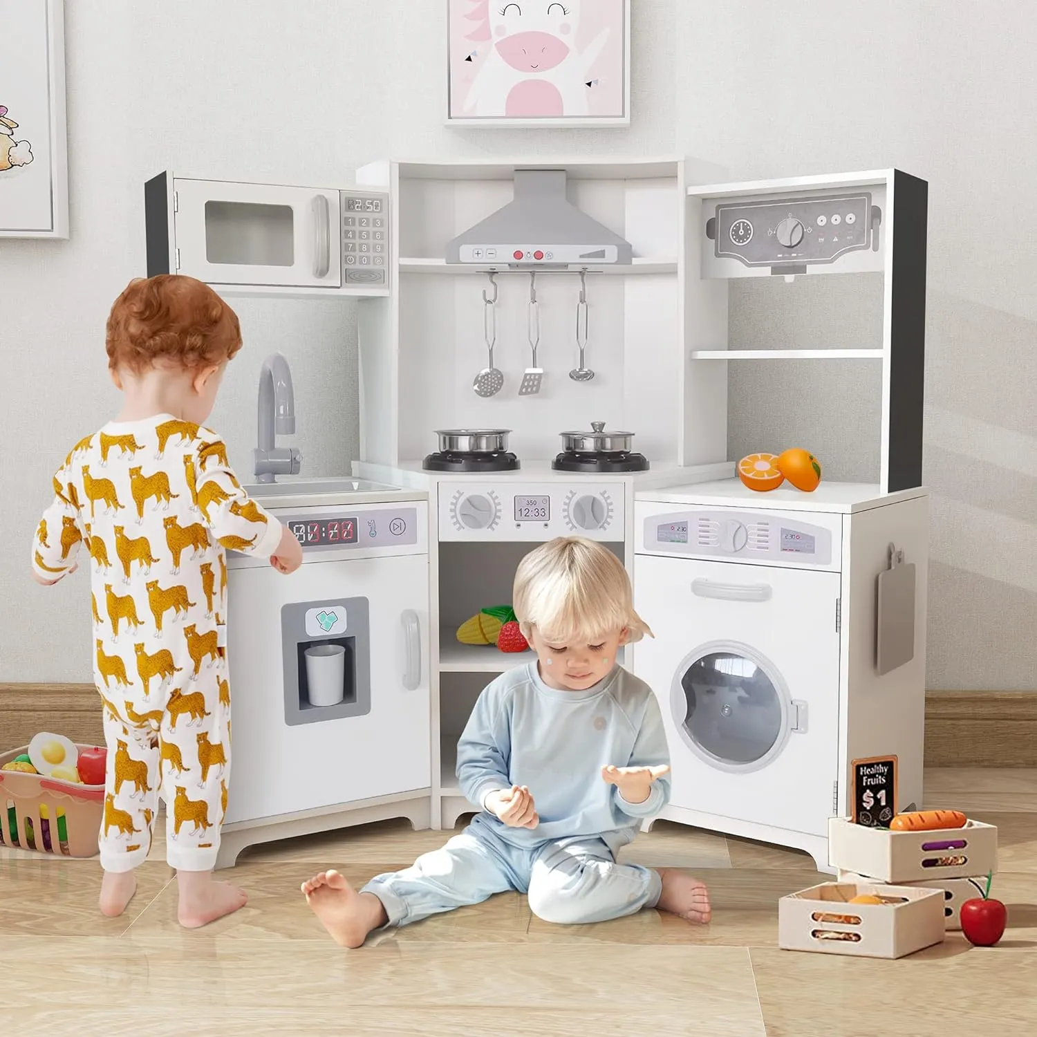 TaoHFE Corner Play Kitchen with Lights and Sounds White Kitchen Kids Toddler Kitchen Set with Washer Chalkboard Wooden Kitchen Kids Playset with Washing Machine Range Hood Girls Boys Gift for Ages 3 