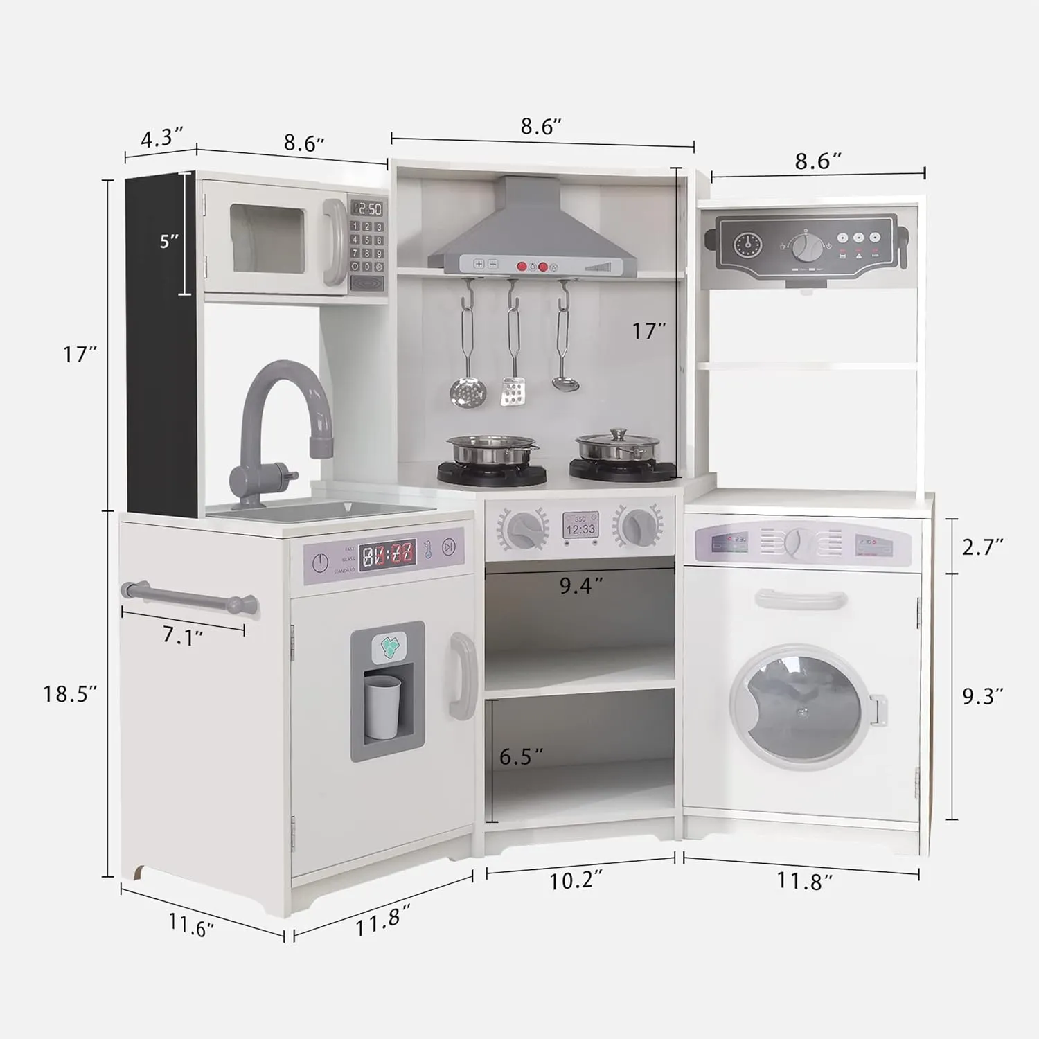 TaoHFE Corner Play Kitchen with Lights and Sounds White Kitchen Kids Toddler Kitchen Set with Washer Chalkboard Wooden Kitchen Kids Playset with Washing Machine Range Hood Girls Boys Gift for Ages 3 