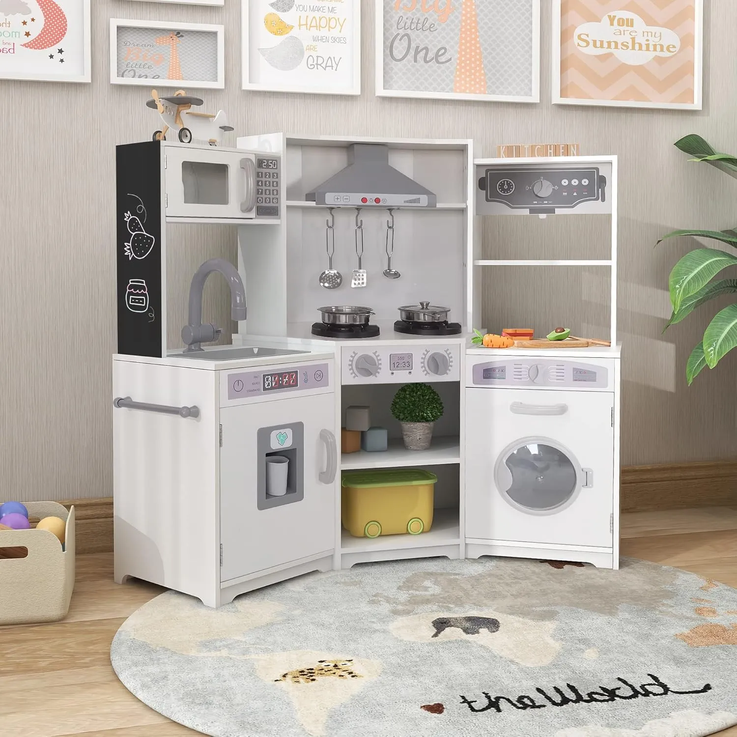 TaoHFE Corner Play Kitchen with Lights and Sounds White Kitchen Kids Toddler Kitchen Set with Washer Chalkboard Wooden Kitchen Kids Playset with Washing Machine Range Hood Girls Boys Gift for Ages 3 