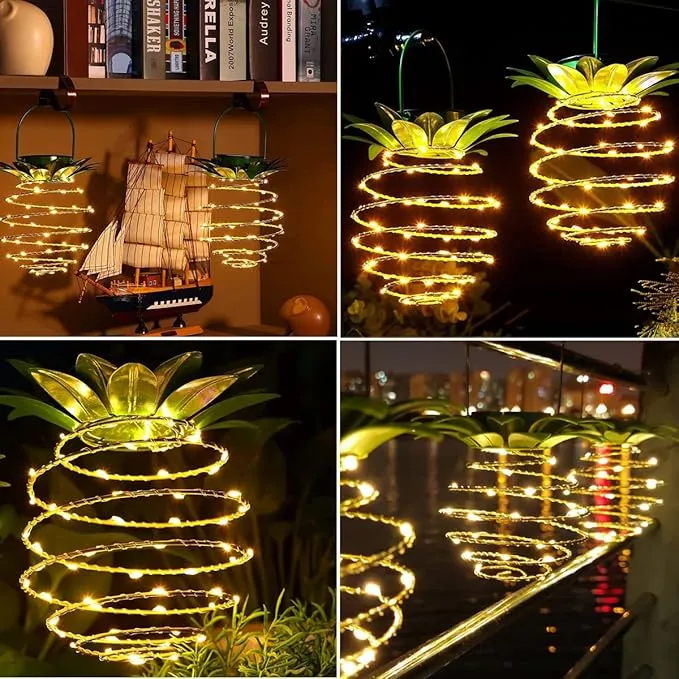 Tcamp 2 Pack 60LEDS Pineapple Solar Lights Outdoor Solar Lights Hanging Solar Lantern with Handle, Solar Powered Garden Outdoor Decorative Pineapple Lights for Patio Yard Porch Path (Warm White)