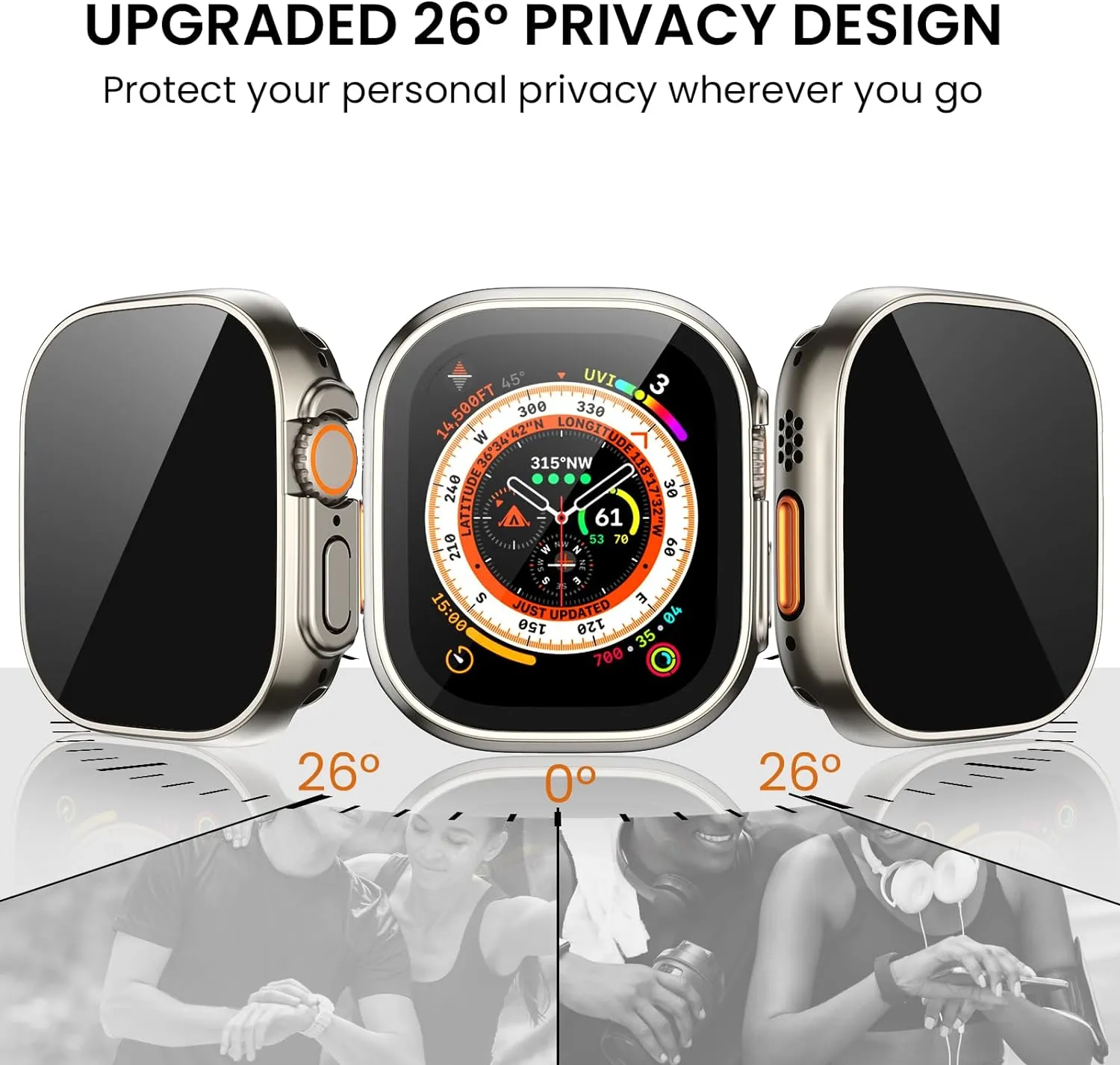 Tensea (2-in-1 for Waterproof Apple Watch Ultra 2/Ultra Screen Protector Case 49mm, iWatch Protective PC Face Cover Built-in Privacy Tempered Glass Film [26° Anti Spy] [360° Full Protection]
