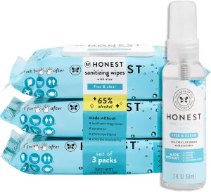 The Honest Company Fragrance Free Sanitizing Alcohol Wipes and Hand Sanitizer Spray Bundle | Antibacterial and Safe for Hands | Kills 99% of Germs | 150 Count (3 packs of 50), 2 fl oz