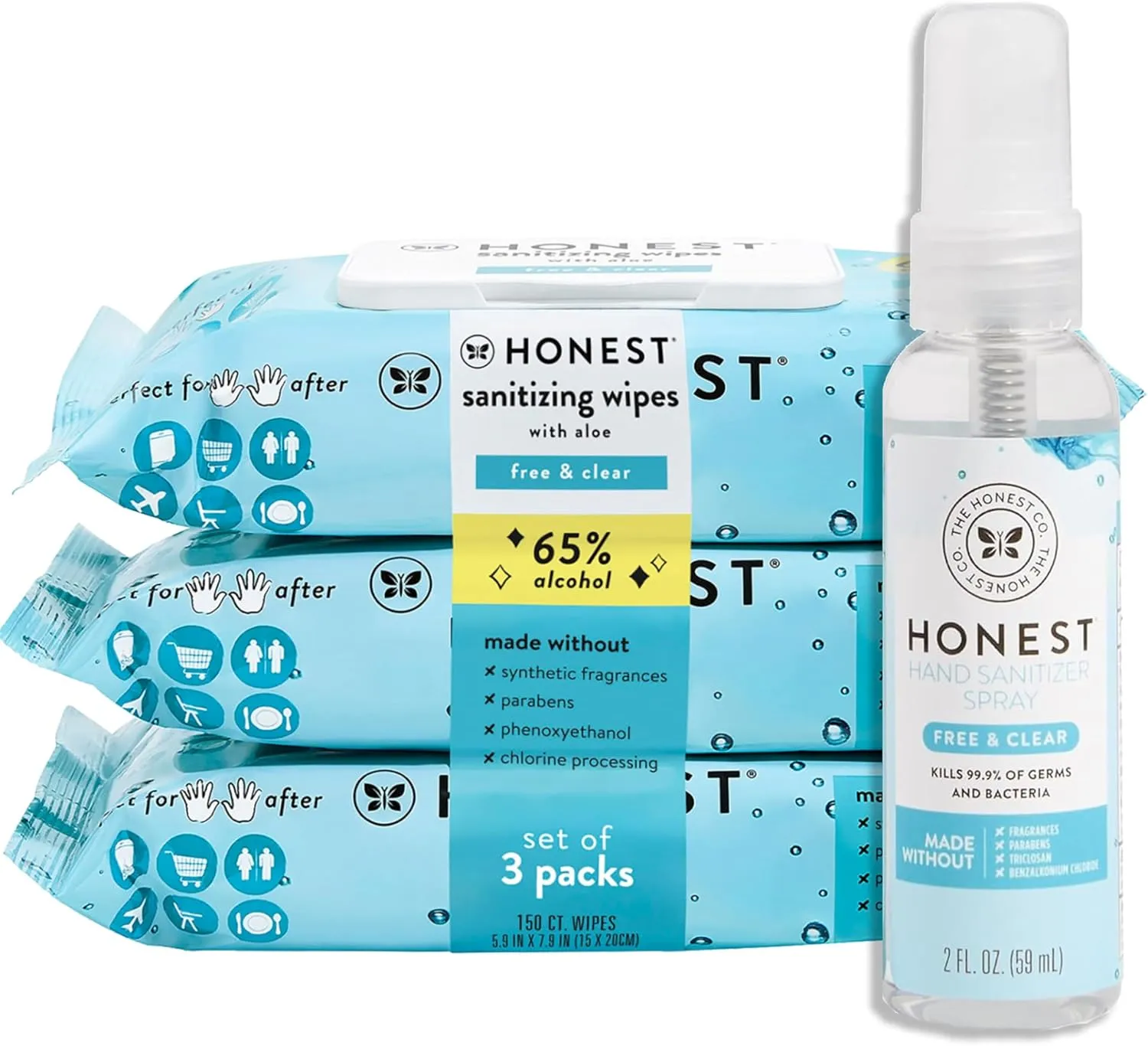 The Honest Company Fragrance Free Sanitizing Alcohol Wipes and Hand Sanitizer Spray Bundle | Antibacterial and Safe for Hands | Kills 99% of Germs | 150 Count (3 packs of 50), 2 fl oz