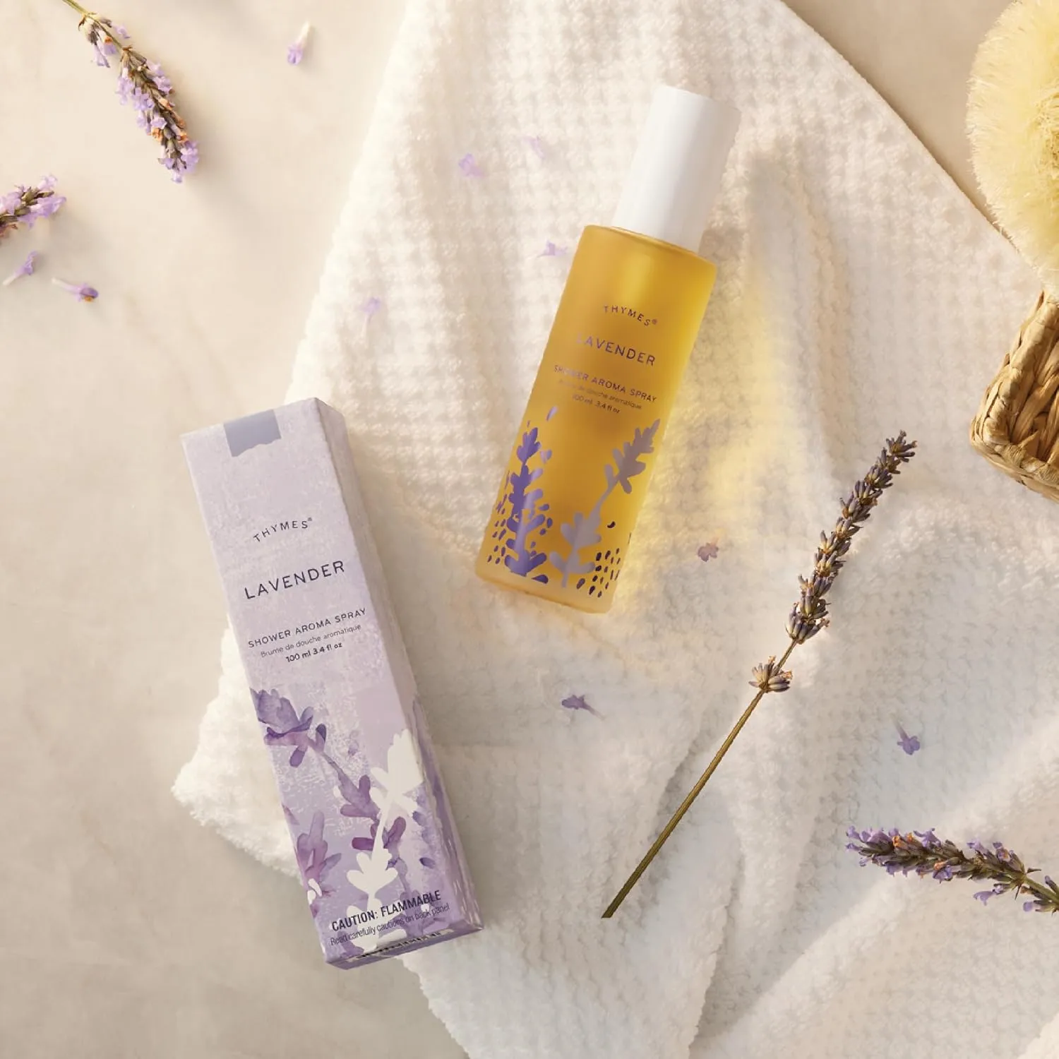 Thymes Daily Shower Spray for a Spa Like Experience - Home Essentials - Mist Scented with Lavender Oil, Rosewood, Clary Sage & Violet (Lavender Shower Spray, 3.4 fl oz)