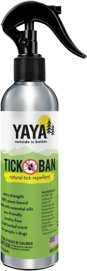 TICK BAN Yaya Organics All Natural Extra Strength Tick Repellent Deet Free - 8 Ounce Spray Bottle