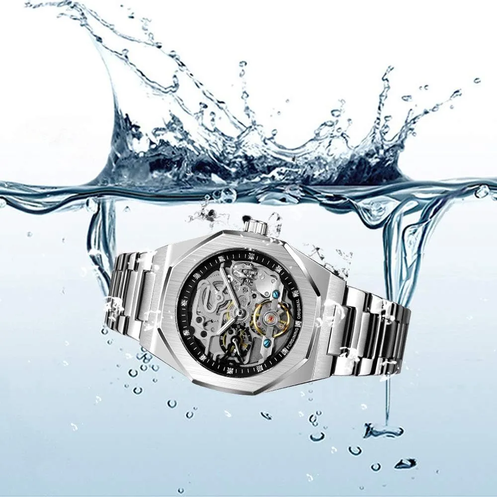 Tiong Mechanical Mens Watches Fashion Automatic Male Clock Blue Stainless Steel Waterproof Business Skeleton Watch…