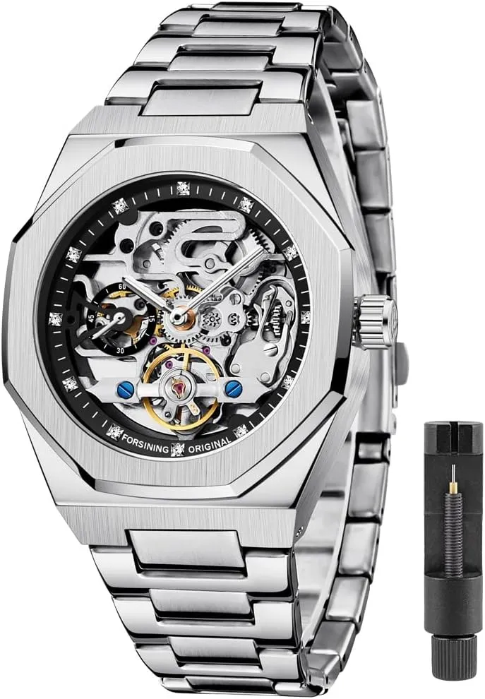 Tiong Mechanical Mens Watches Fashion Automatic Male Clock Blue Stainless Steel Waterproof Business Skeleton Watch…