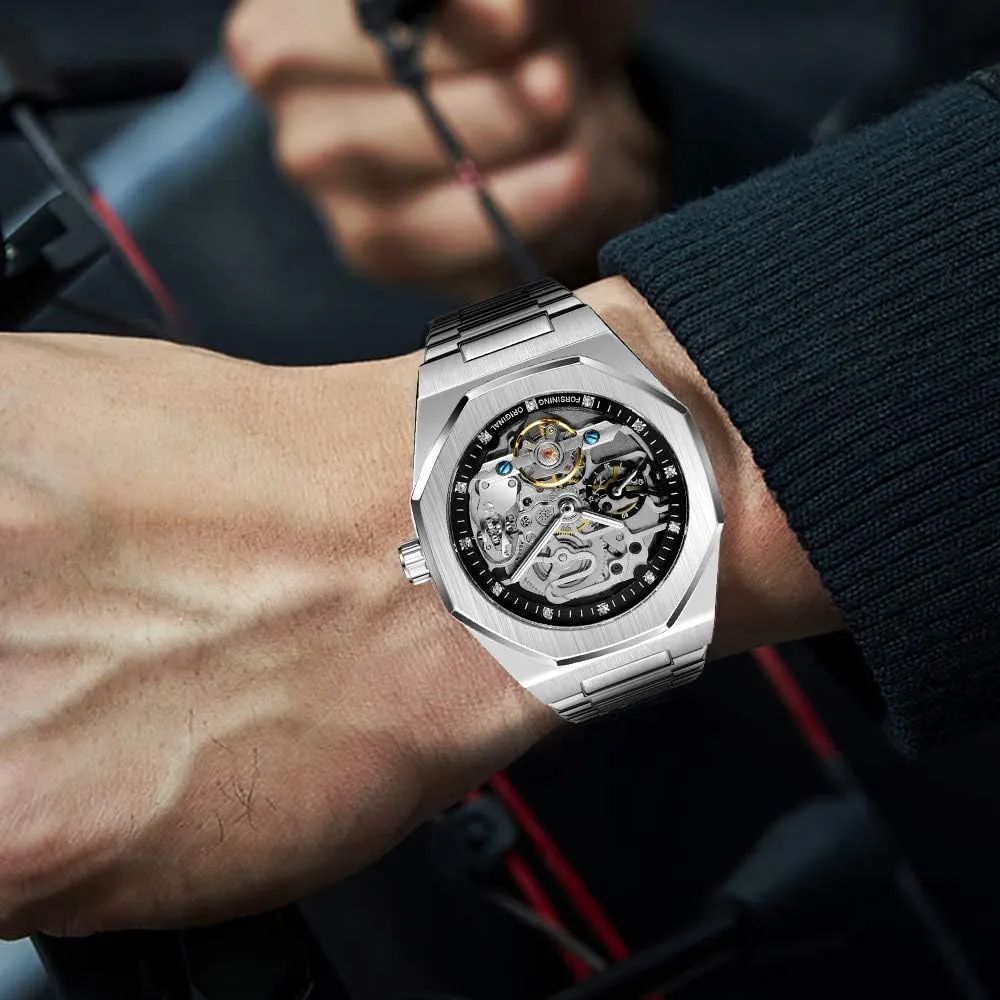 Tiong Mechanical Mens Watches Fashion Automatic Male Clock Blue Stainless Steel Waterproof Business Skeleton Watch…