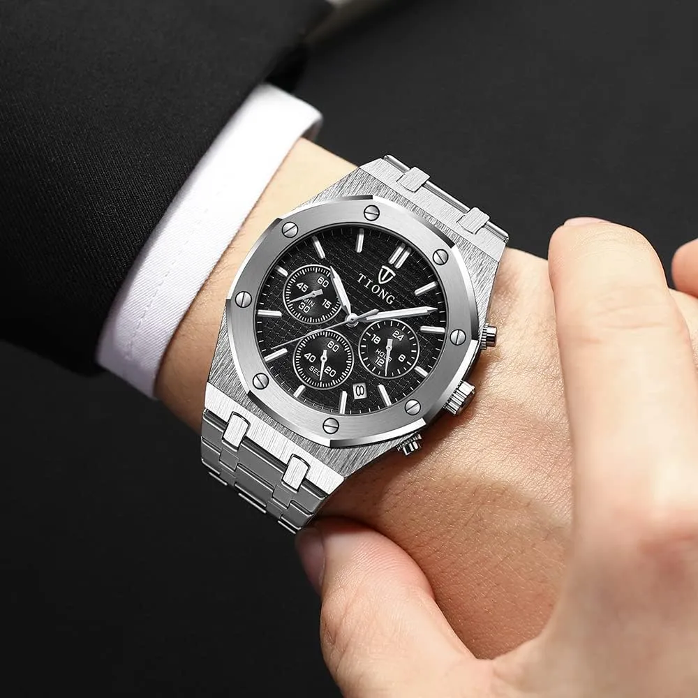 Tiong Mens Watches Chronograph Stainless Steel Waterproof Date Analog Quartz Watch Business Casual Fashion Wrist Watches for Men