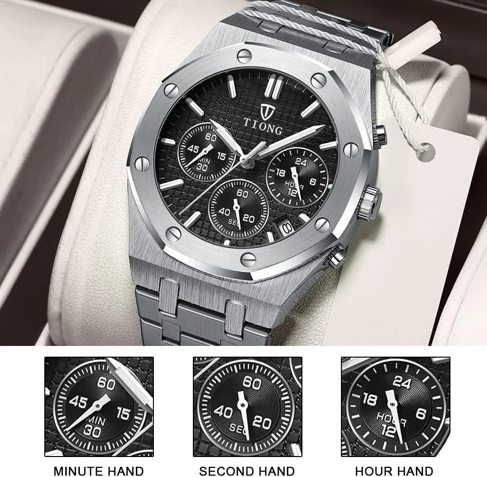 Tiong Mens Watches Chronograph Stainless Steel Waterproof Date Analog Quartz Watch Business Casual Fashion Wrist Watches for Men
