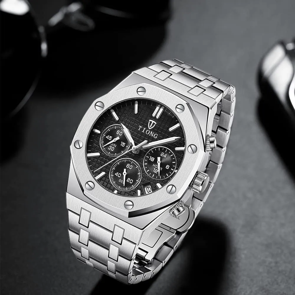 Tiong Mens Watches Chronograph Stainless Steel Waterproof Date Analog Quartz Watch Business Casual Fashion Wrist Watches for Men