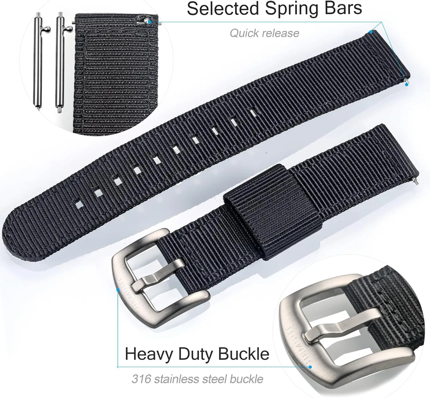 torbollo Quick Release Watch Khaki Bands, Hard 18mm Watch Band for Big Wrist, Quality Nylon Strap and Heavy Duty Brushed Buckle