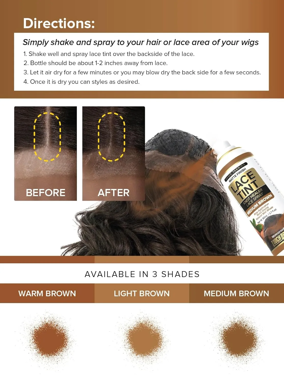 Touch Down Lace Tint Spray Knot Healer Matte Finish Waterproof 2.7oz (2 packs, Medium Brown)