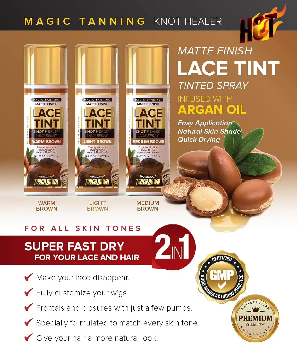 Touch Down Lace Tint Spray Knot Healer Matte Finish Waterproof 2.7oz (2 packs, Medium Brown)