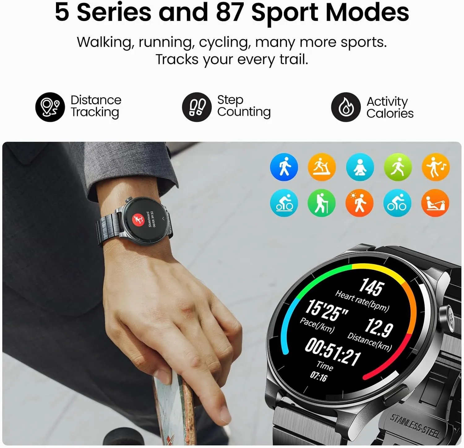 TOZO AMOLED S5 Smart Watch (Answer/Make Calls), 1.43" HD Screen for Men Women 100  Sport Modes Fitness Watchs with Sleep Monitor, IP68 Waterproof, Stainless Steel Band